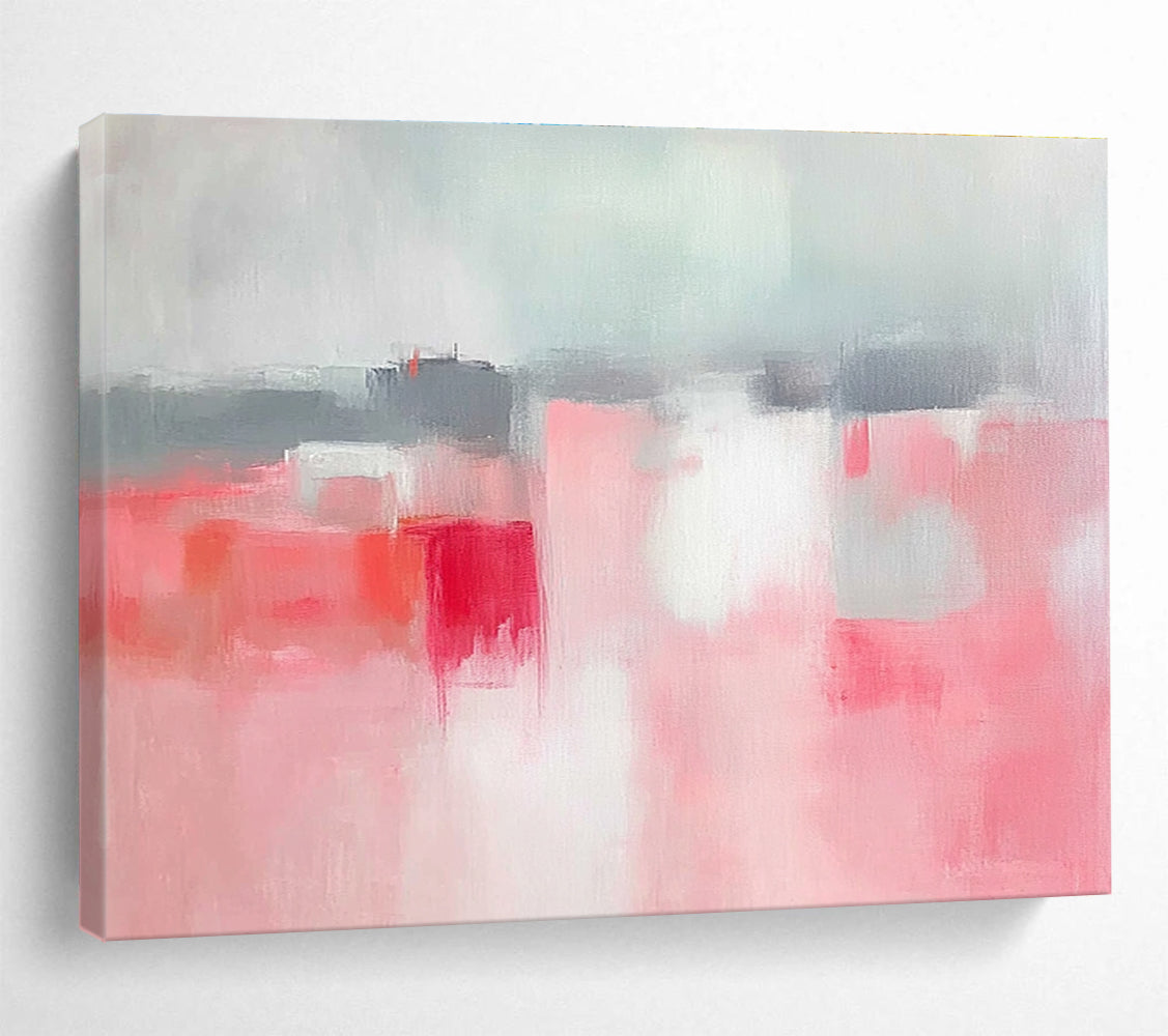 Large abstract painting featuring soft pink and grey tones, white space, sky blue, red accents, and a blurred town background.SC257