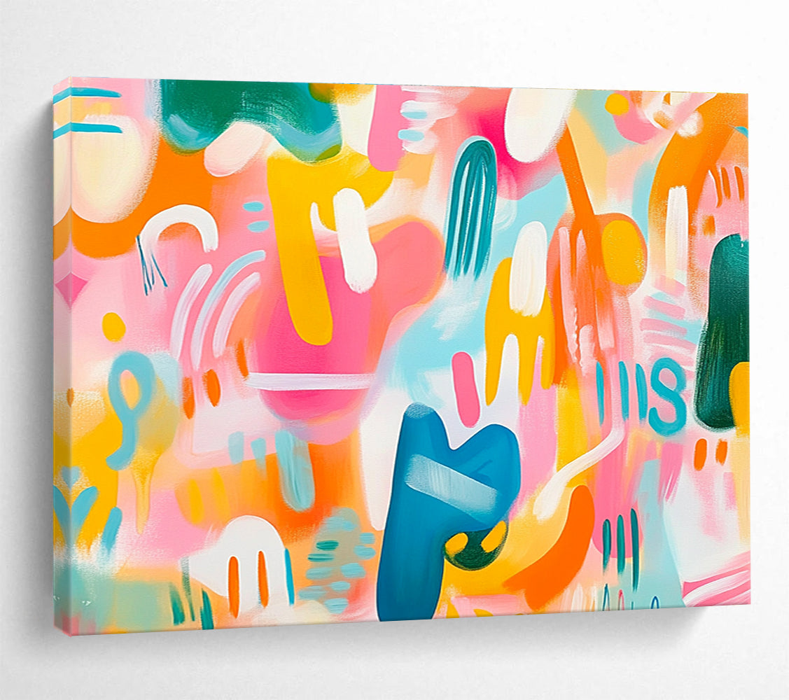A vibrant abstract painting featuring playful shapes and colors in shades of pink orange and blue against a soft pastel background full of energy.SC483