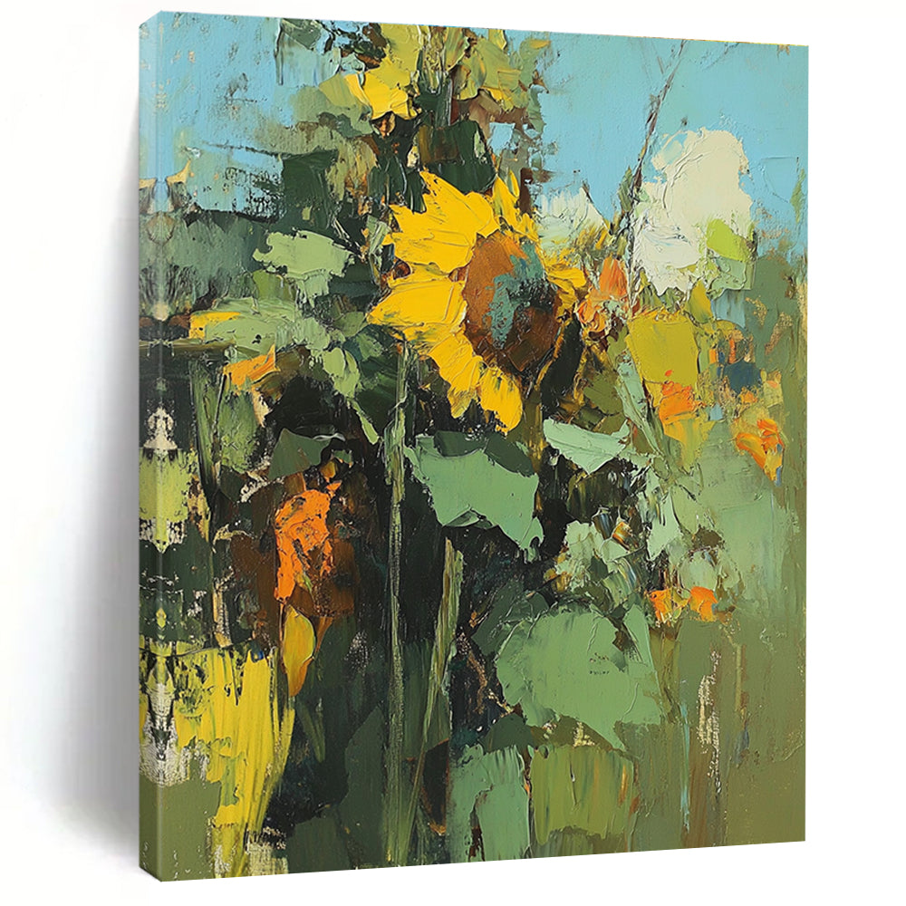Large abstract painting of sunflowers featuring blurry details and rough brushstrokes in a colorful high resolution format.STSC335