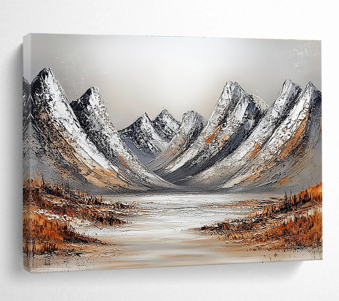 Snowy Mountain Range Textured Abstract Painting with White and Brown Tones DYP608