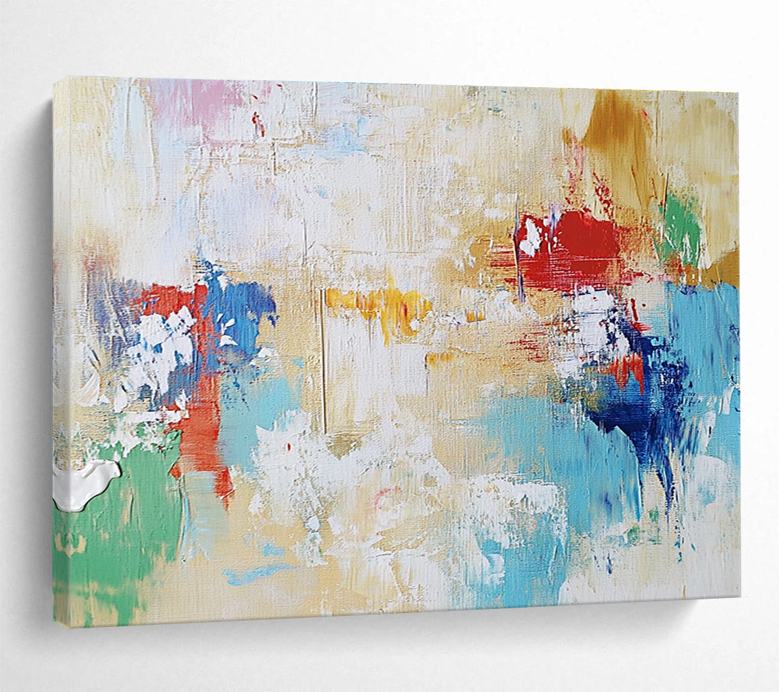 Large abstract painting in light colors depicting freedom with brushstrokes suggesting forms, evoking hope, joy, and endless possibilities.SC217