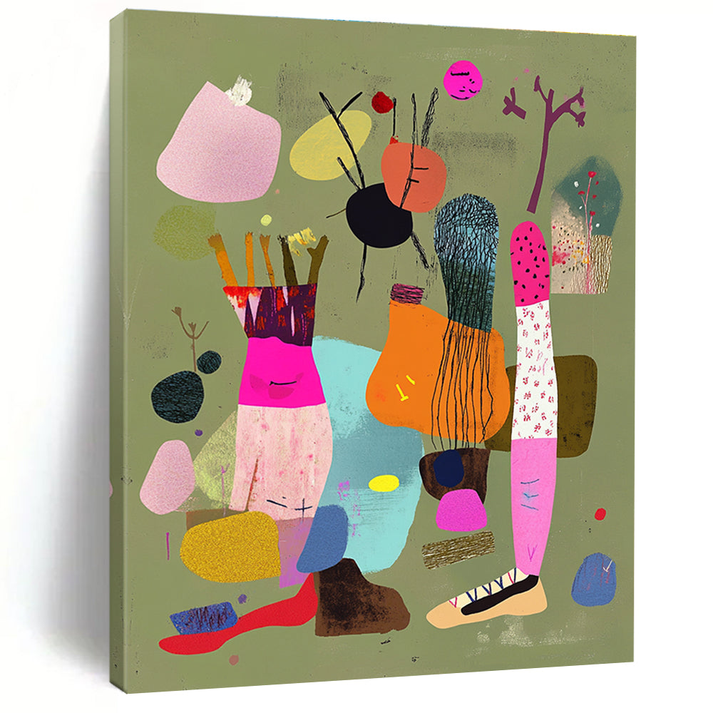 A large abstract collage featuring colorful legs with shoes and ropes against a light greenish brown background embellished with pink accents and floating fabric.STSC972