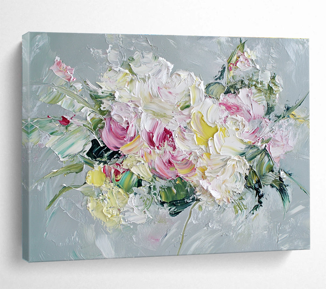 Textured Flower Bouquet Abstract Painting with Pink White and Green DYP284
