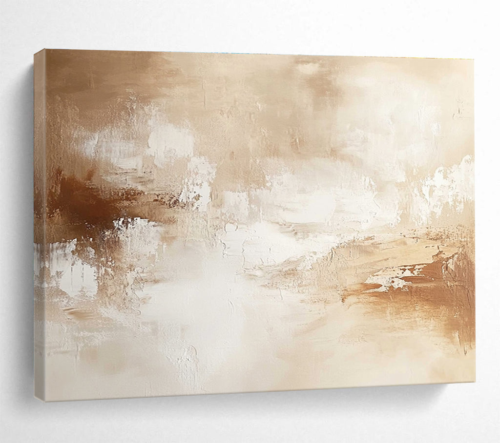 Large abstract painting with warm neutral tones soft brushstrokes and subtle textures creating a calming and sophisticated atmosphere.SC010