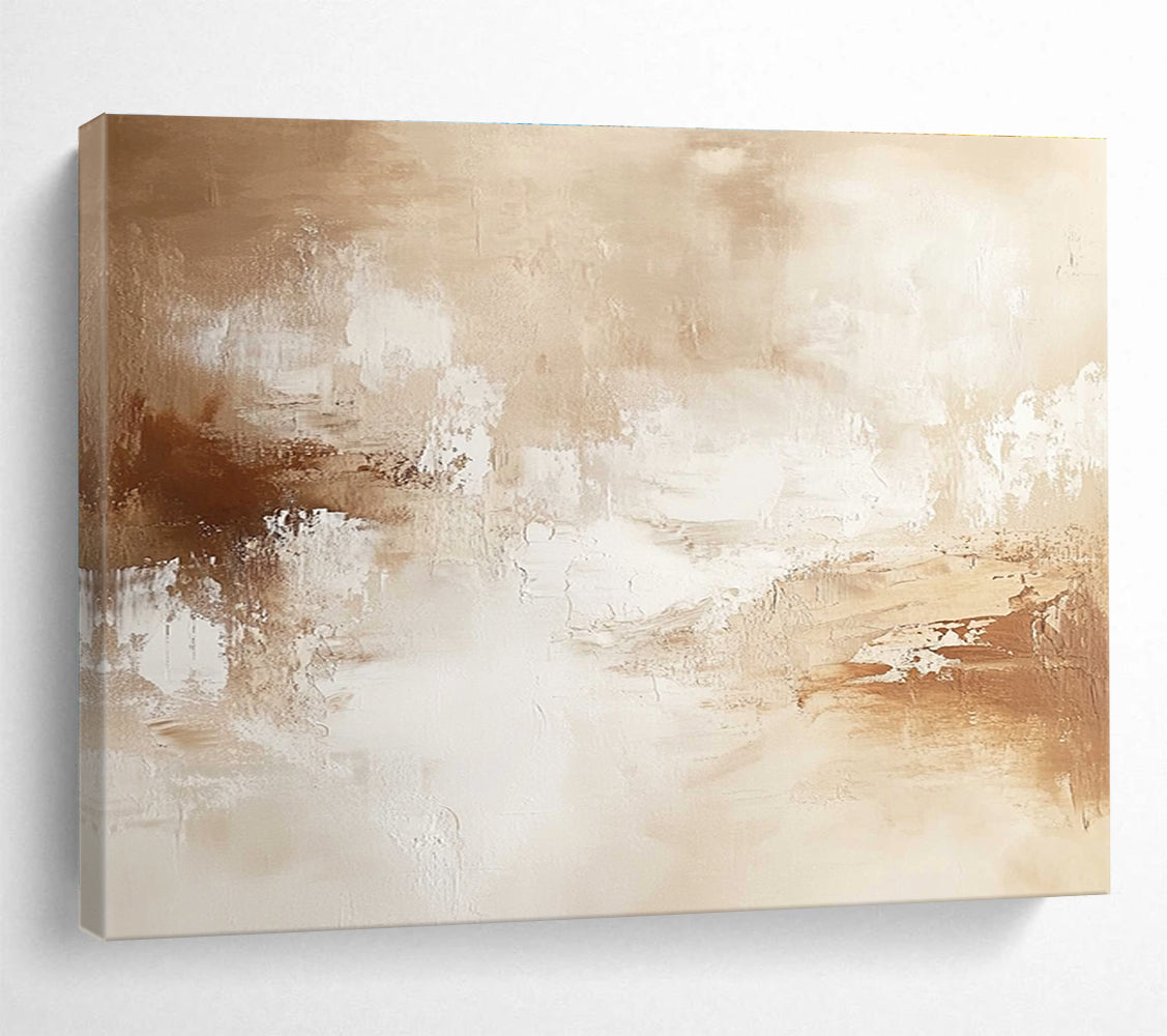 Large abstract painting with warm neutral tones soft brushstrokes and subtle textures creating a calming and sophisticated atmosphere.SC010