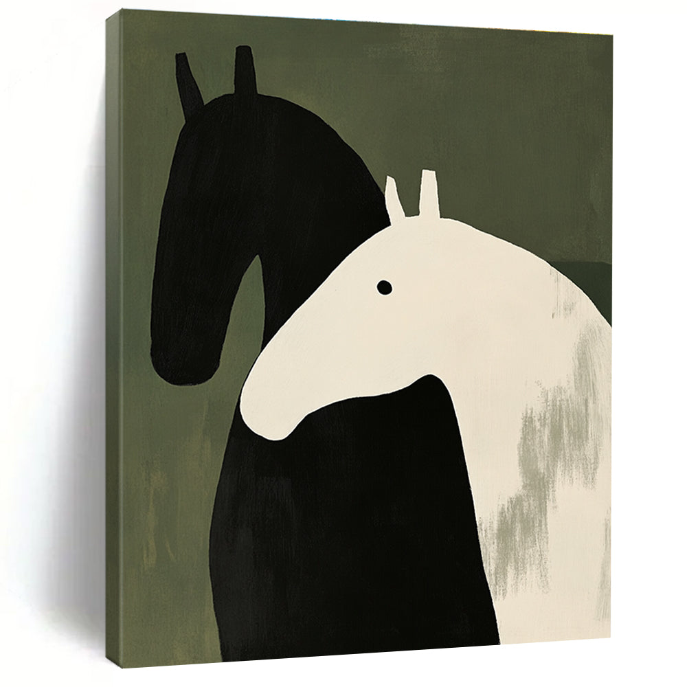 Large abstract painting featuring two horses in black and white with thick brushstrokes on a green background inspired by Henri Matisse's minimalism.STSC1077