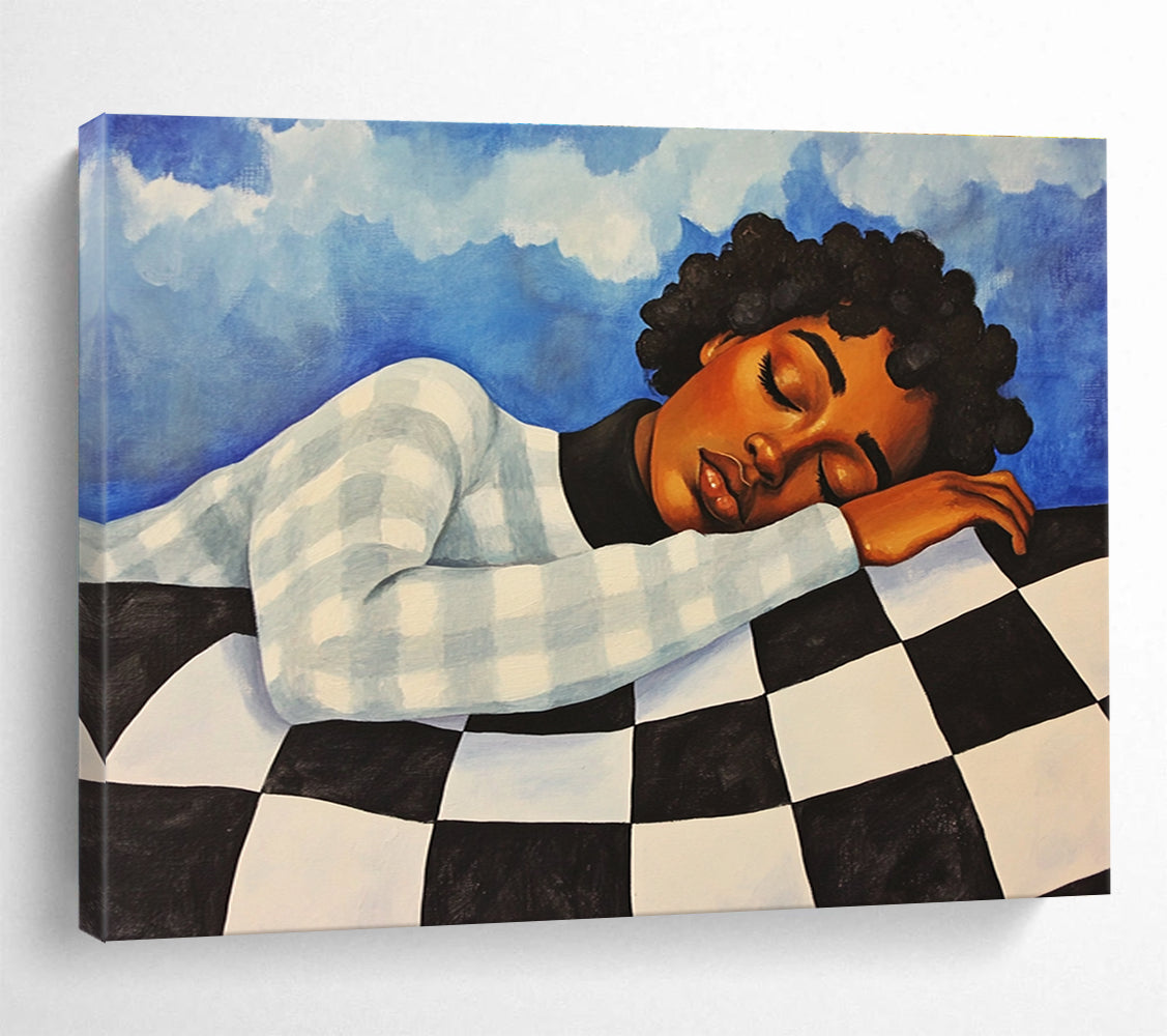 An abstract painting featuring an African American woman in a checkered sweater, resting against a blue sky with clouds, evoking a vintage 1970s style.SC402
