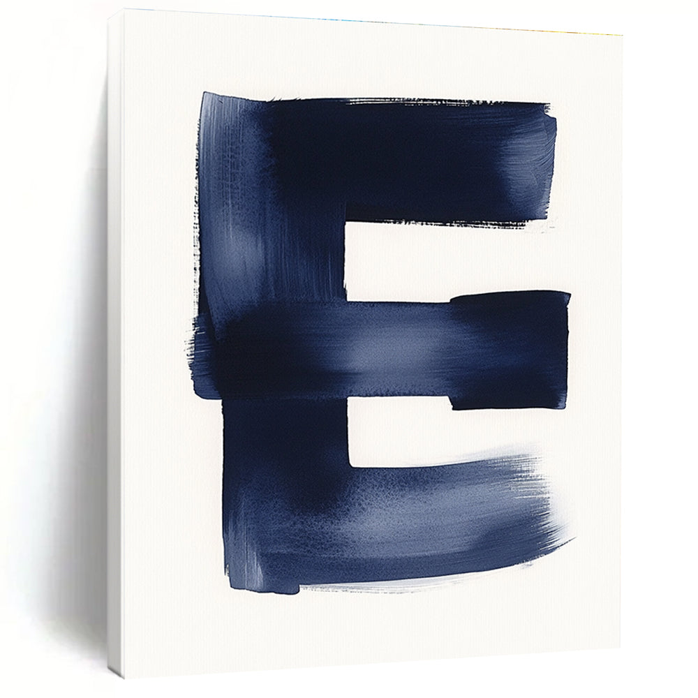 A large abstract painting featuring a minimalist watercolor letter E in navy blue against a white background emphasizing negative space and soft tones.STSC1096