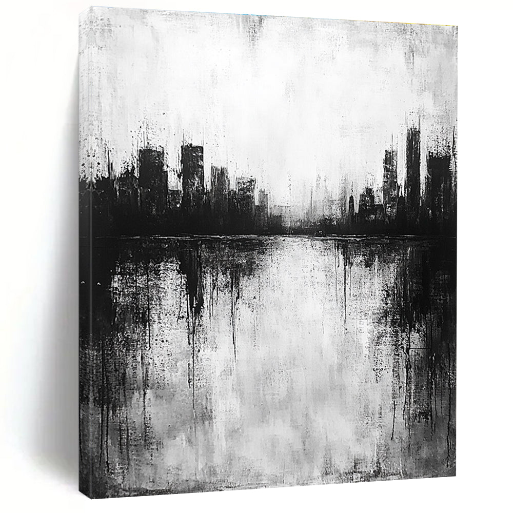 Large abstract painting in black and white with city silhouette and lake reflection evokes calmness and mystery through minimalist heavy brushstrokes.STSC215