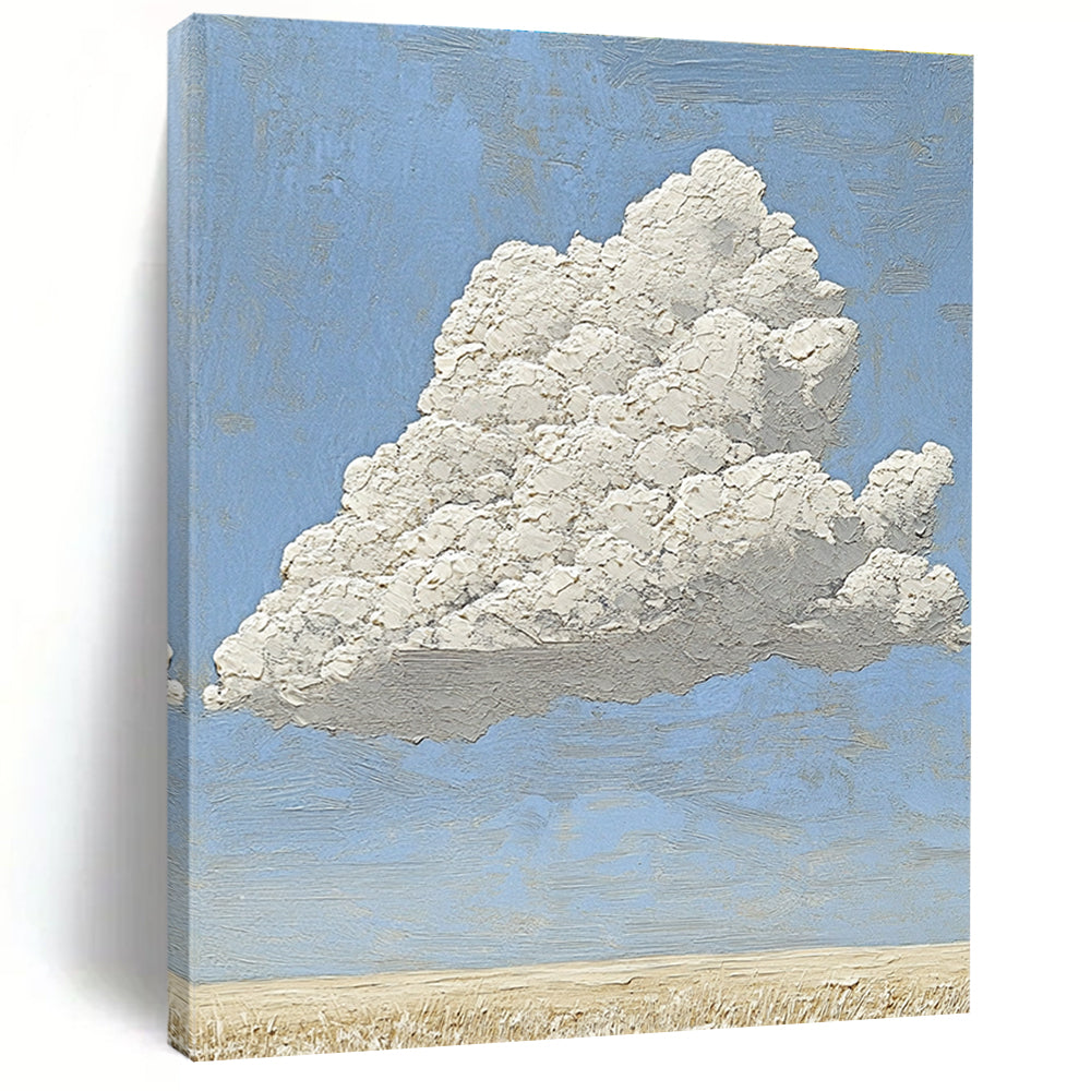 A large abstract painting featuring a textured white cloud above an empty field with soft natural light and professional color grading.STSC1035