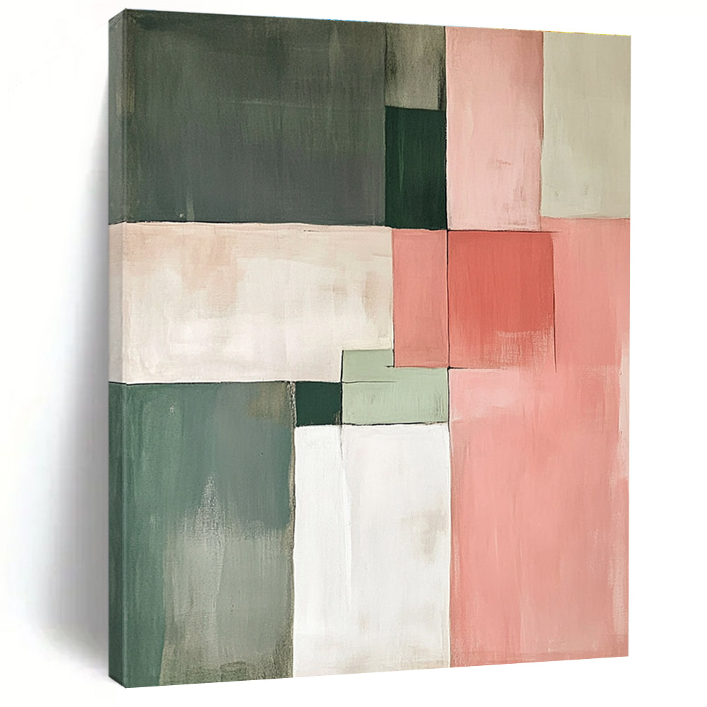 Green and Pink Block Abstract Painting with Subtle Contrasts GER154