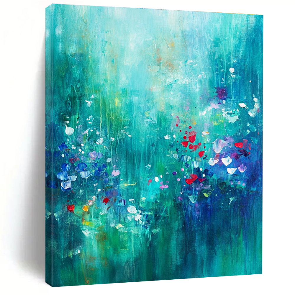 Large abstract painting of an underwater garden in teal and emerald with hints of red and purple evoking serenity and creativity.STSC1021