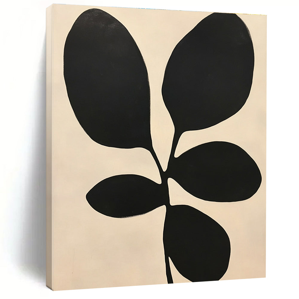 Large abstract painting featuring minimalist black and white shapes resembling leaves inspired by Henri Matisse's style.STSC1078
