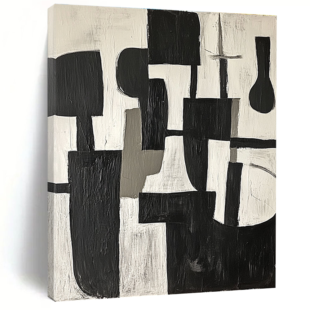 Large abstract painting in black and white shapes with gray tones on a white background embodying calmness and modernity inspired by Picasso's cubism.STSC675