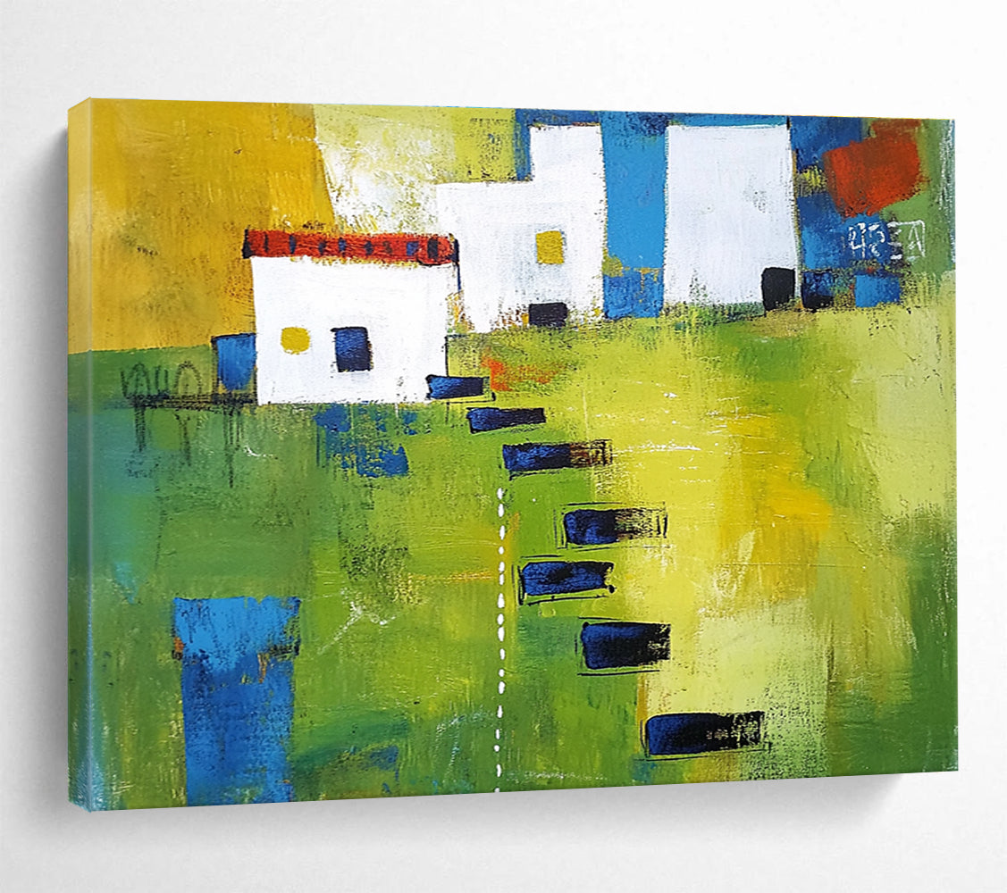 Large abstract painting showcasing green fields, white buildings with blue lines, and black stairs, featuring thick brush strokes and vibrant geometric shapes.SC193
