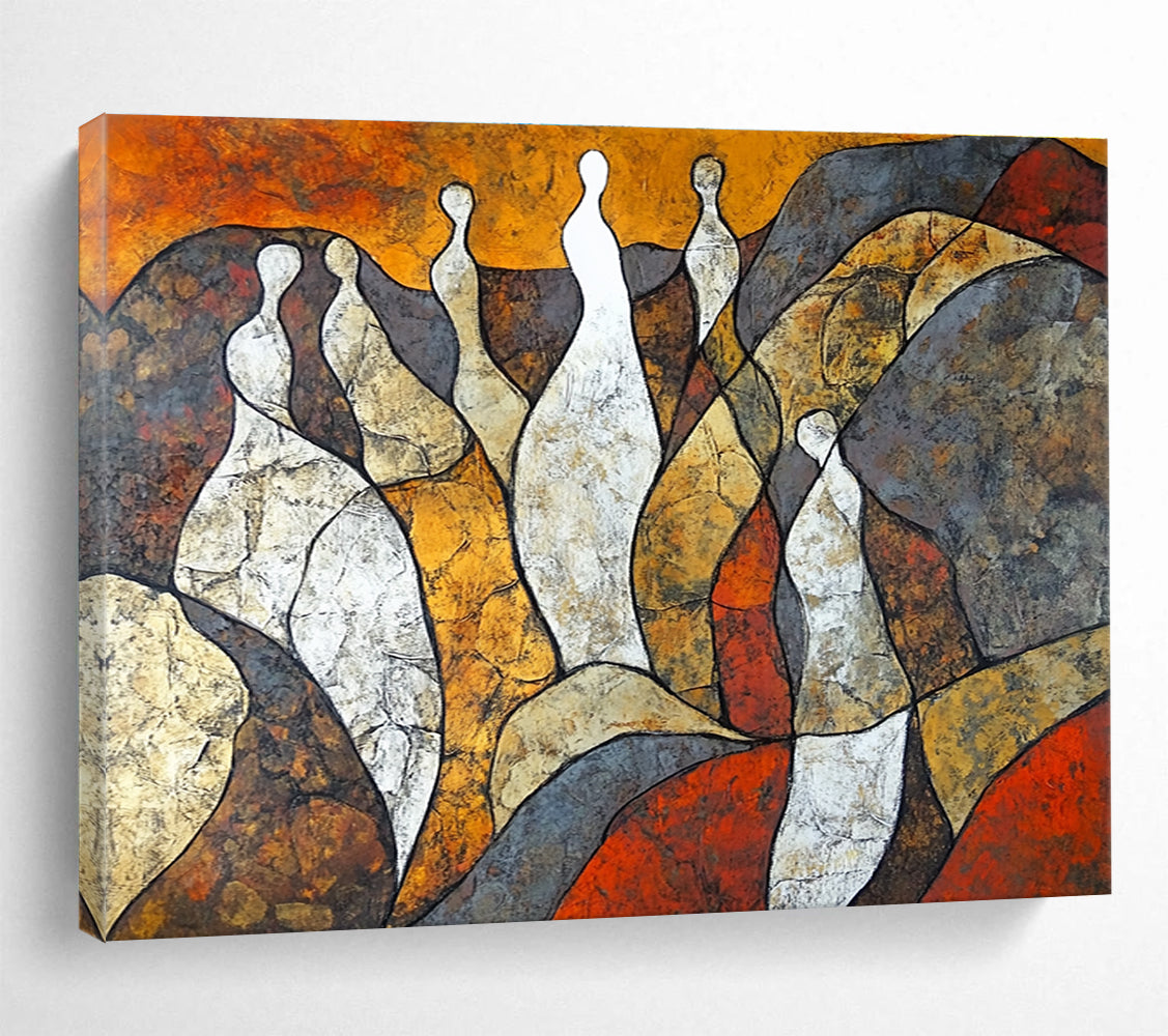 Abstract painting featuring women's bodies as rocks in earthy tones with a lone woman in white symbolizing resilience and growth amidst challenges.SC521