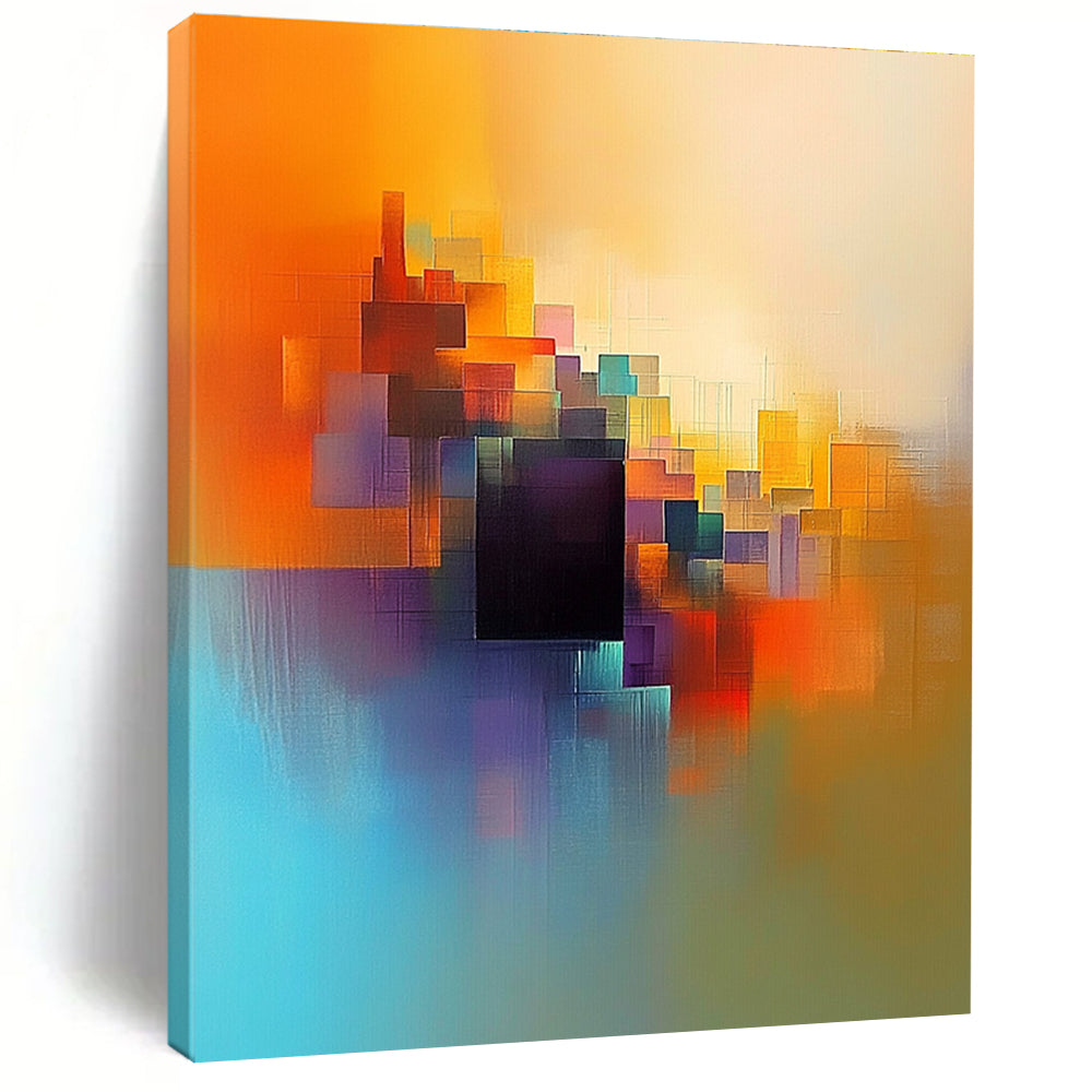 Large abstract painting featuring light orange blue and yellow colors with a serene cityscape and a central dark brown cube.STSC687
