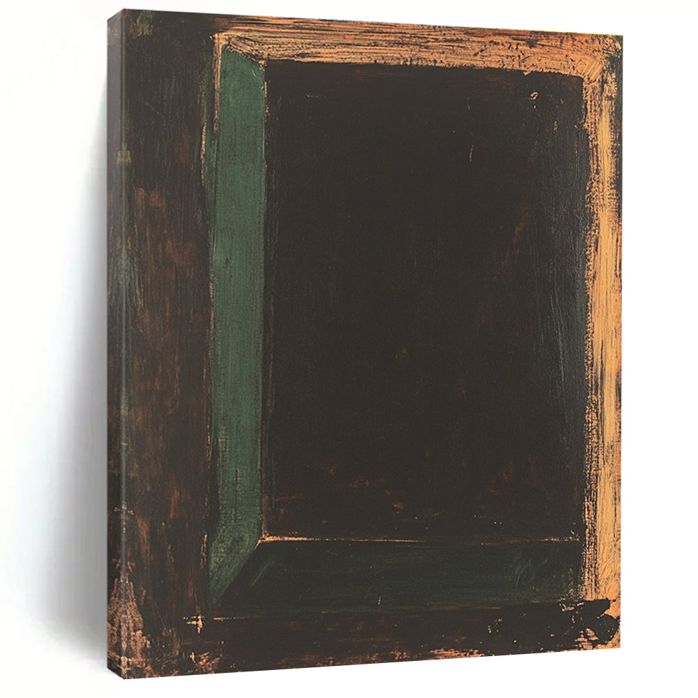 Large abstract painting of an empty black rectangle in expressionist style, featuring thick brush strokes with dark green and brown tones.STSC864