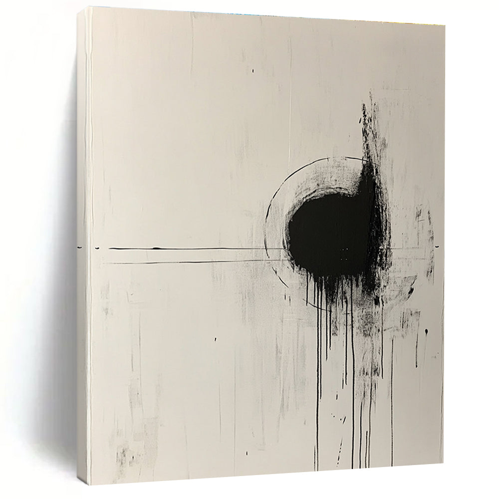 Large abstract painting with white background black lines paint drips central circle and expressive brush strokes emphasizing negative space.STSC568