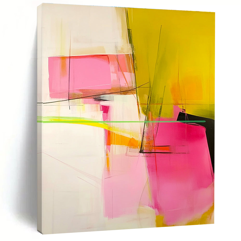 Pink and Yellow Abstract Painting with Geometric Elements GER629
