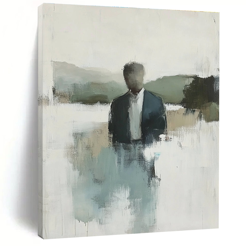 Abstract painting featuring a hazy landscape with soft tones of blue green and grey water in the foreground and hills in the background.STSC861