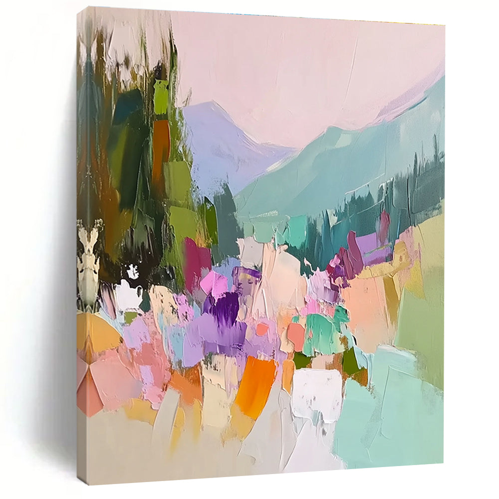 Large abstract painting featuring vibrant colors with trees flowers and mountains showcasing thick brush strokes and textured canvas in a harmonious light pink sky.STSC104