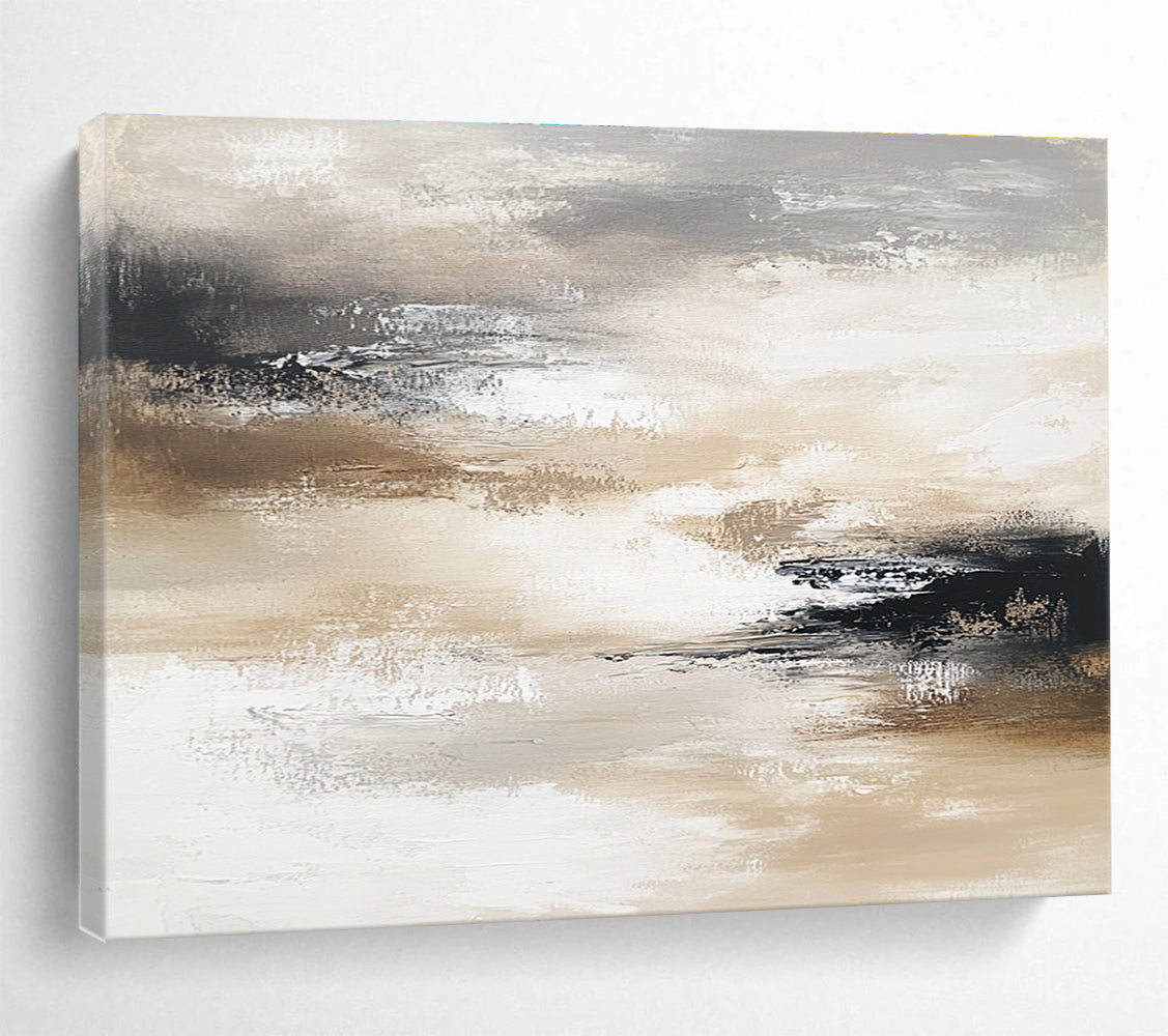Large abstract painting in neutral tones evokes calmness with layers of soft grays browns beige whites and black creating movement and depth.SC246