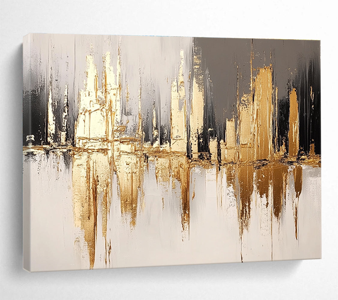 Gold and Gray Cityscape Abstract Painting with Reflective Textures DYP311