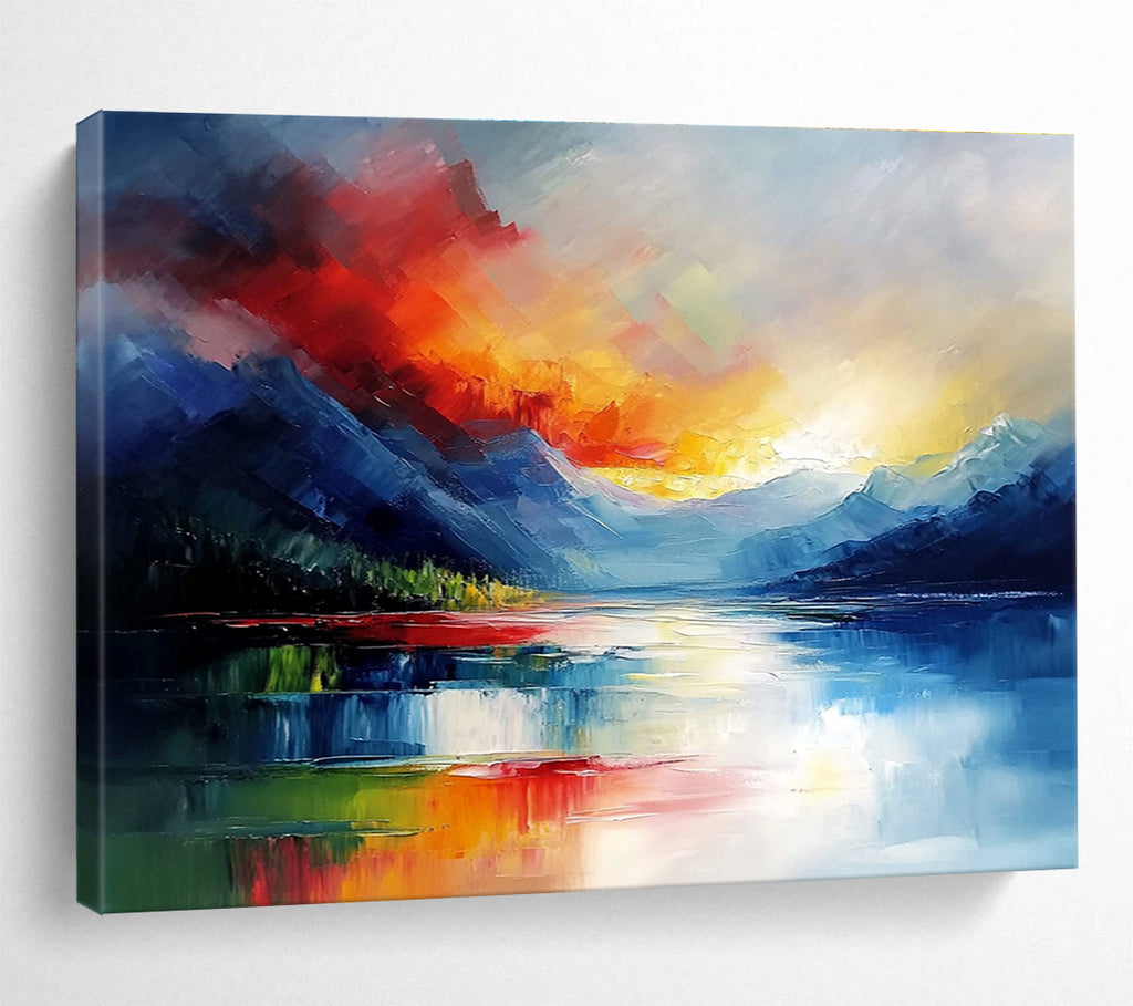 Dynamic Mountain Sunset Abstract Painting with Bright Reds Yellows and Blues DYP237