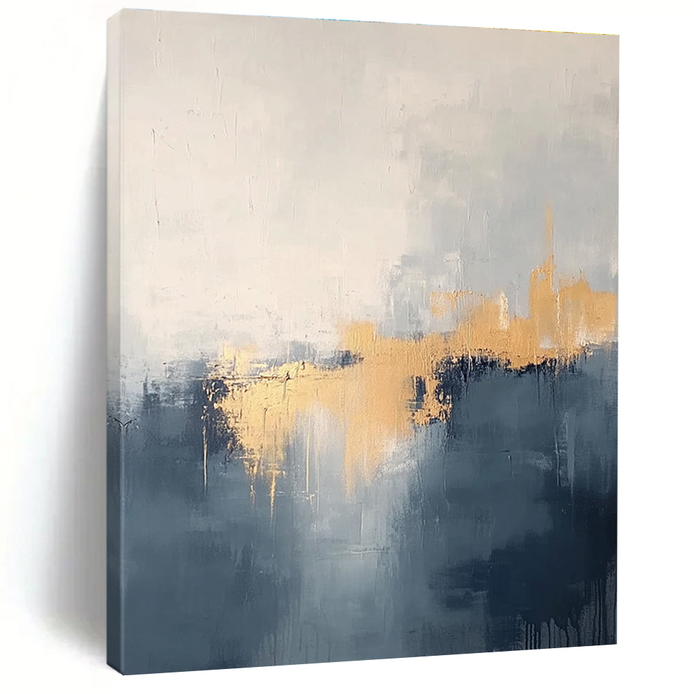 Large abstract painting in grey and blue tones with gold accents creating a dreamy misty atmosphere.STSC731