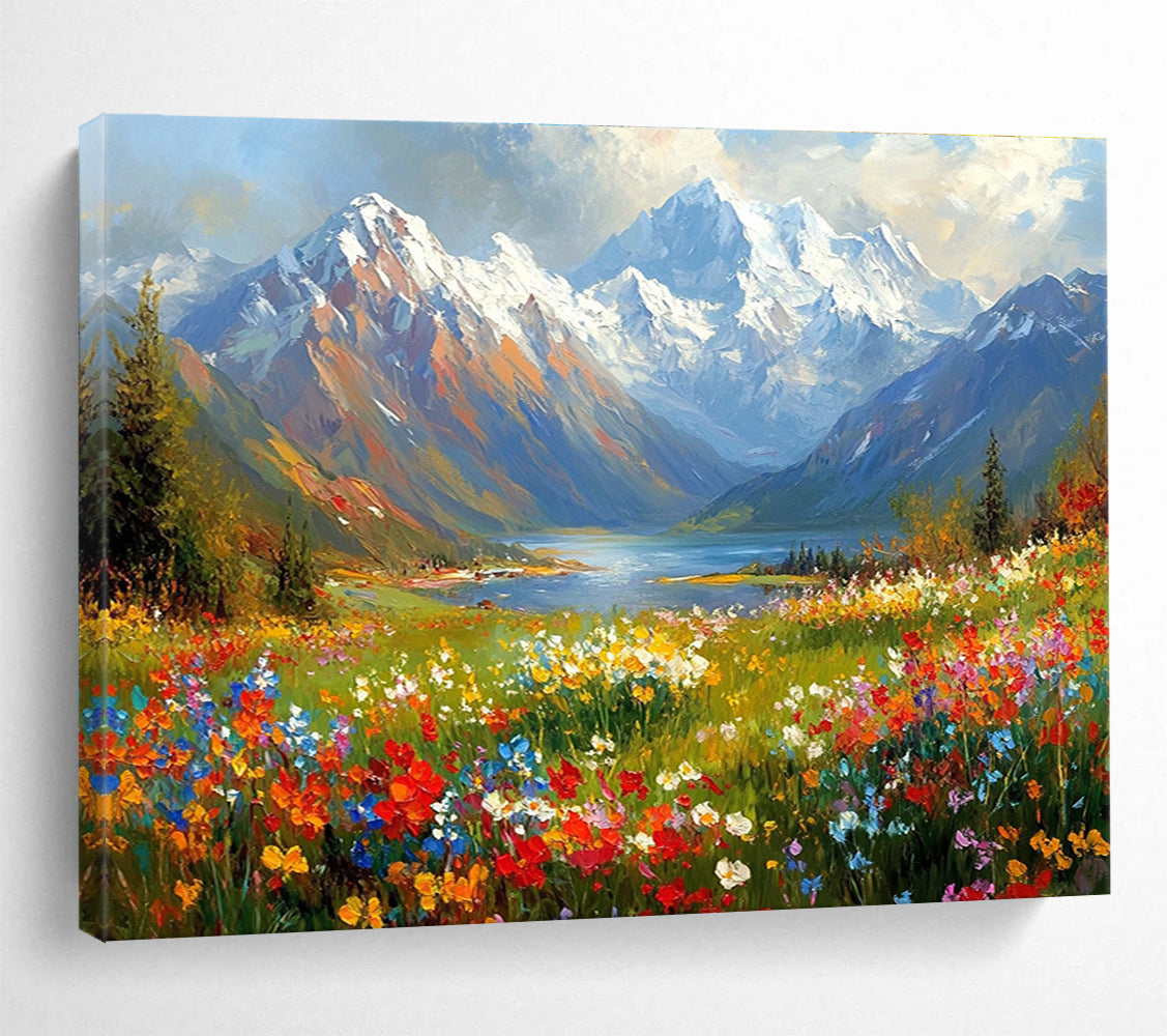 Flower - Filled Mountain Valley Abstract Painting with Colorful Blossoms DYP577