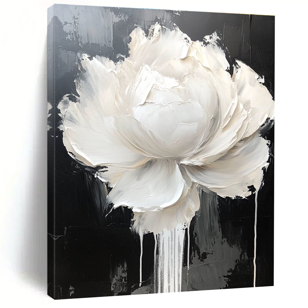 Large abstract painting featuring a white rose and peony with dripping petals on a black and gray background in neutral tones.STSC517