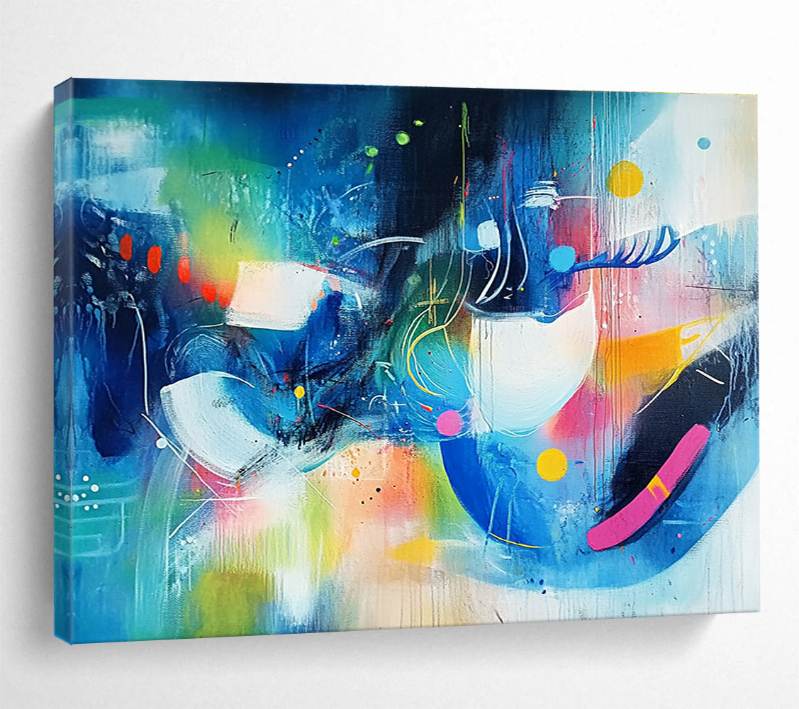Vibrant abstract painting featuring colorful shapes and lines in shades of blue and green with bright accents, embodying a sense of dynamic movement.SC216