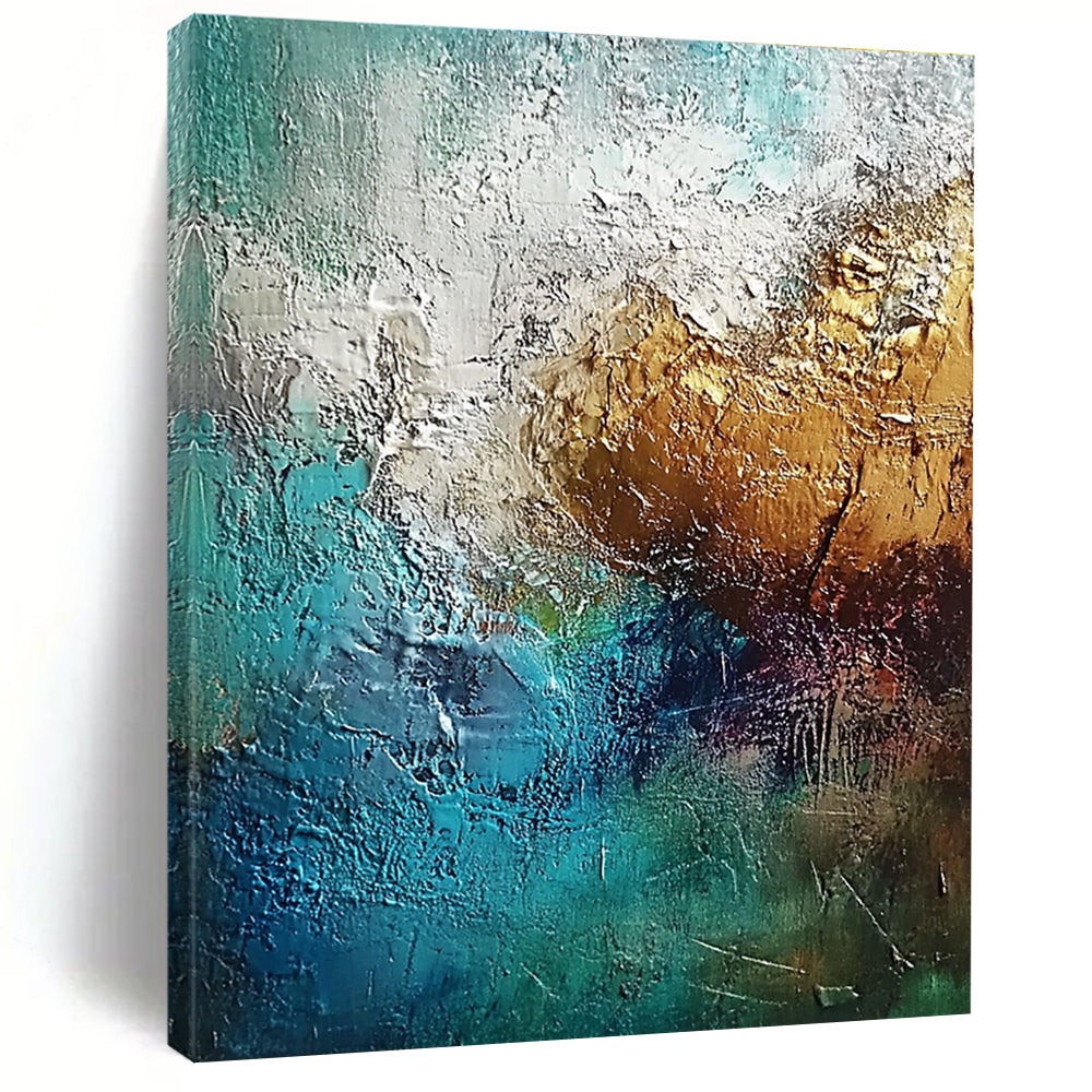 Teal Gold Abstract Painting with Thick Textures GER785