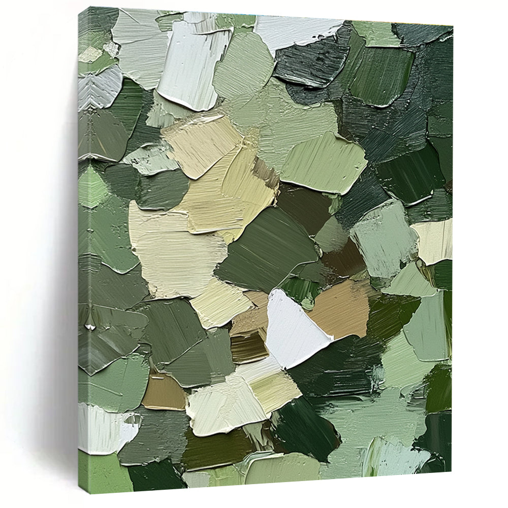 Large abstract painting showcasing intricate urban camouflage patterns in greens browns and whites with textured impasto brush strokes for depth and realism.STSC831