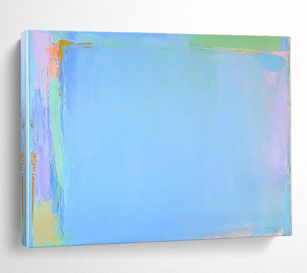 Large abstract painting featuring light blue pink and green with flat shapes broad brushstrokes and subtle gradients on a pale sky-blue border.SC377