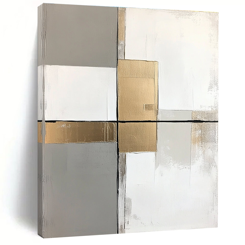 Gray Gold and White Abstract Painting with Minimalist Geometry GER649