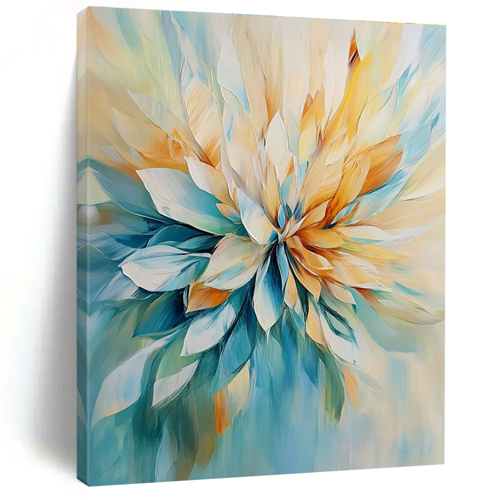 Large abstract painting in light teal and beige featuring loose brushwork and oversized petals.STSC435
