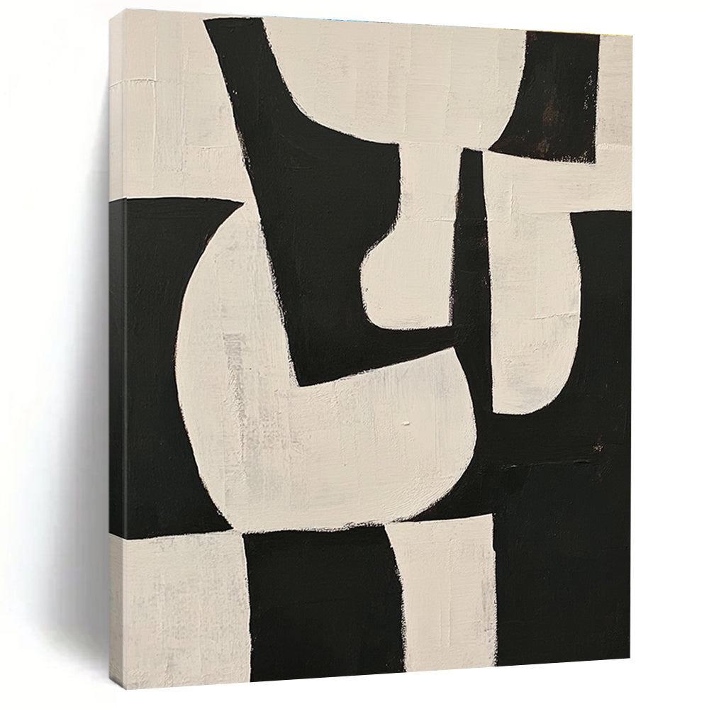 Large abstract painting featuring black and white shapes on a beige background with organic forms and overlapping lines for depth and elegance.STSC329