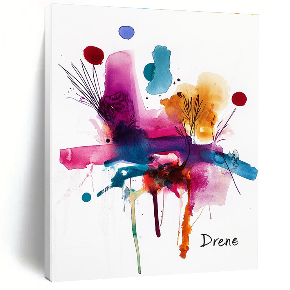 Large abstract watercolor painting featuring vibrant colors and shapes with the word Drene in black ink at the bottom right corner.STSC500
