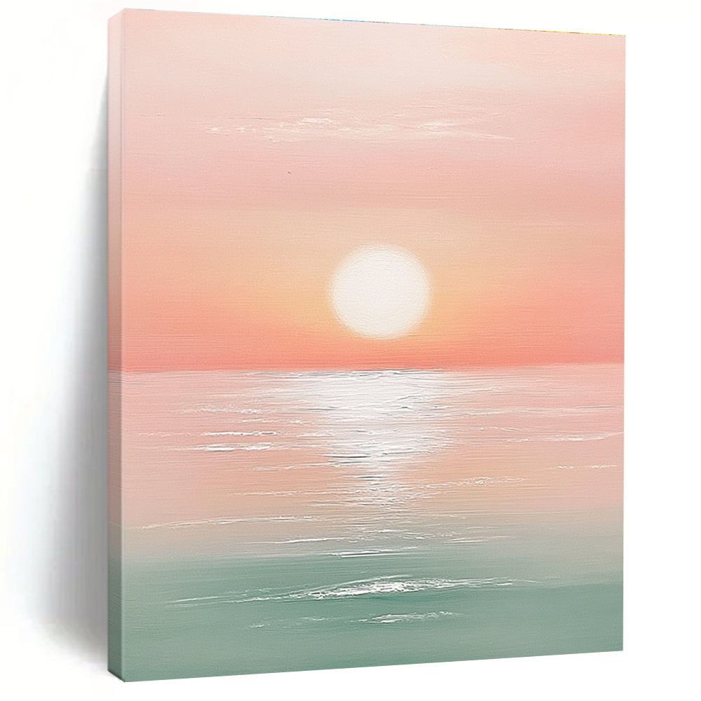 A large abstract painting featuring a sunset over the ocean in pastel pink and mint green with a white sun at the center.STSC1425