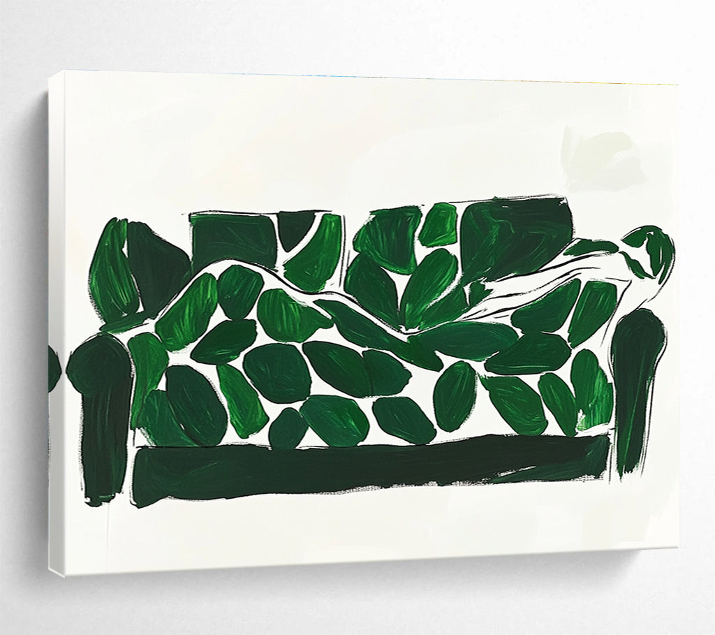 Green and White Abstract Painting of a Leaf - Covered Sofa DYP142