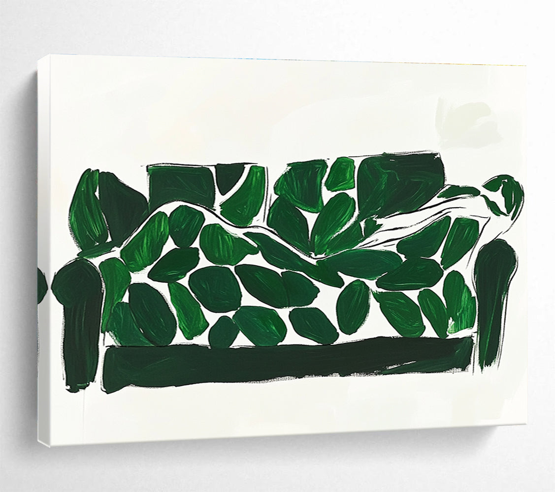 Green and White Abstract Painting of a Leaf - Covered Sofa DYP142