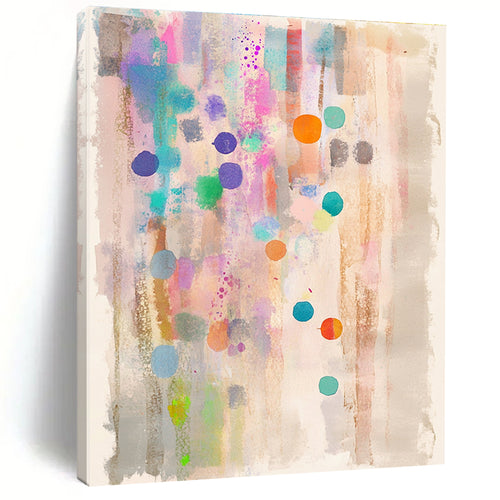 A dreamy watercolor abstract painting with pastel colors dots and stripes on light beige paper featuring a clean white border.STSC988
