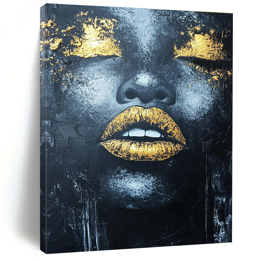 Large abstract acrylic painting of an African woman's lips with gold leaf highlights and textured black background.STSC1276