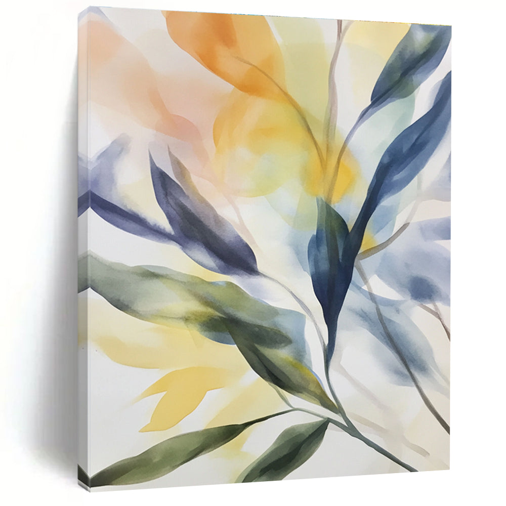 Large abstract watercolor painting featuring delicate leaves and flowers in indigo blue yellow-green light orange pale purple light pink and dark gray.STSC502