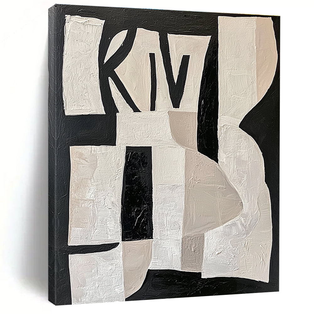 Large abstract painting featuring white shapes on a black background with deconstructed collage elements and the word KIWI in pastel colors.STSC313
