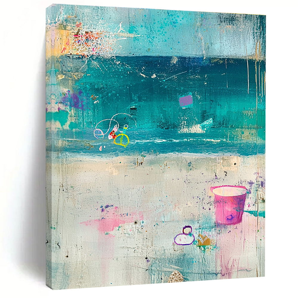 Large abstract painting featuring a pastel beach scene with elements of the sea sand and sky in soft tones set against a textured gray background.STSC1101