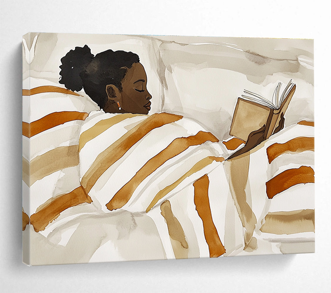 Abstract painting of an African American woman reading in bed with a striped blanket in a neutral color palette featuring simple shapes and minimalistic style.SC617