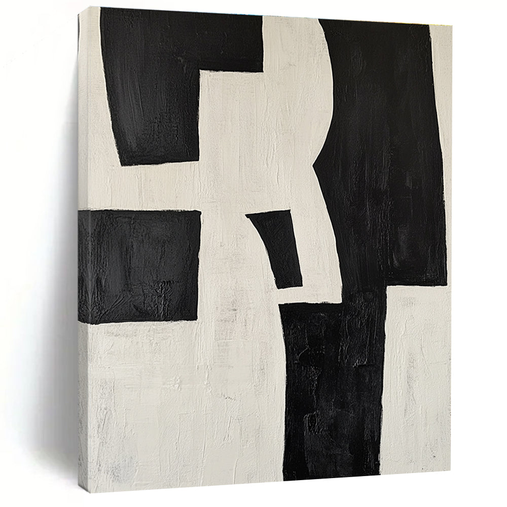 Large abstract painting in black and white featuring deconstructed shapes creating a striking visual impact ideal for modern decor.STSC389
